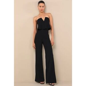 Lulus Black Strapless Wide‎ Leg Jumpsuit Flounce Overlay Elegant Party XL
